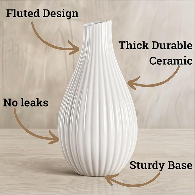 8 Inch White Ceramic Vase for Flowers, Centerpieces and Home Decor - Stylish Ribbed Textured 8 Inch Small White Vase for Pampas Grass - Decorative Vases for Centerpieces - Textured Vases Home Decor