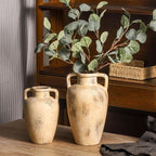 Ceramic Flower Vase, 8.85 inch Tall Terracotta Vase with 2 Handles, Rustic Farmhouse Vase for Home Decor, Living Room Shelf Decor, Enterway, Table