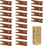 Mini Natural Wooden Clothespins with Jute Twine, 250pcs, 1 Inch Photo Paper Peg Pin Craft Clips with 66ft Natural Twine for Scrapbooking, Arts & Crafts, Hanging Photos (Rustic Brown)