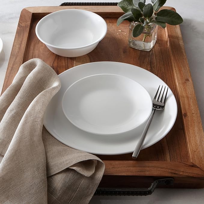 Corelle Vitrelle 18-Piece Service for 6 Dinnerware Set Triple Layer Glass and Chip Resistant, Lightweight Round Plates and Bowls Set, Winter Frost White