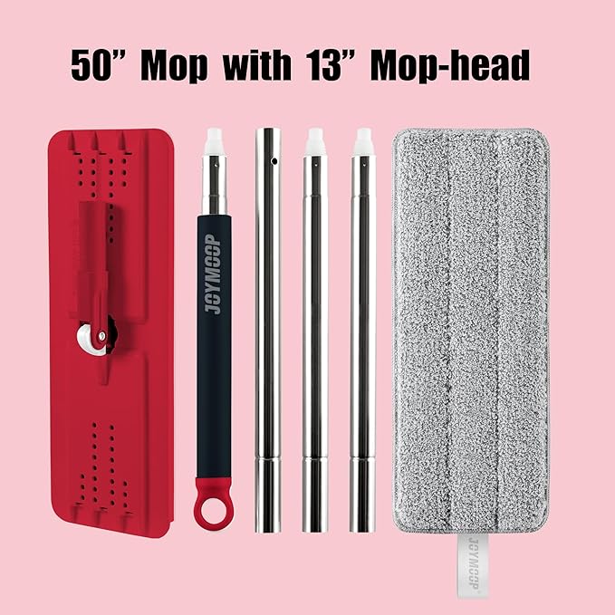 JOYMOOP Flat Mop, Microfiber Mops for Floor Cleaning and Wall Cleaner, 50" Mop with 13" Flat Head with a Microfiber Mop Pad - Black & Red