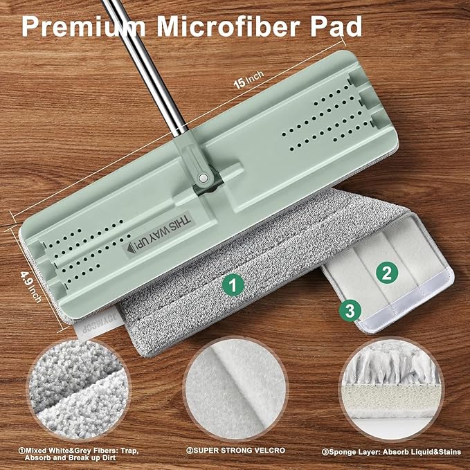 JOYMOOP Flat Mop, Microfiber Mops for Floor Cleaning and Long Handle Wall Cleaner, 60" Mop Handle with Flexible 15" Flat Head with a Microfiber Mop Pad - Green