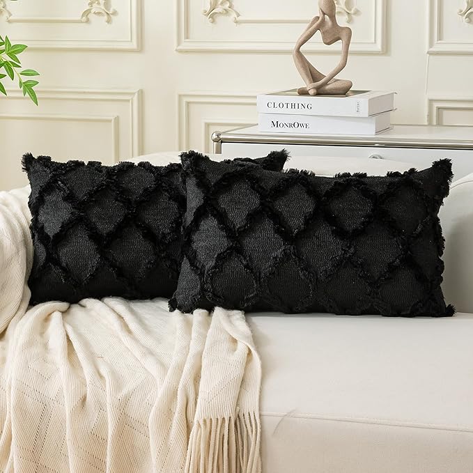 Set of 2 Soft Moroccan Throw Pillow Covers 12x20 Inch Plush Boho Decorative Pillow Cover Accent Cushion Case for Couch Sofa Bed, Black