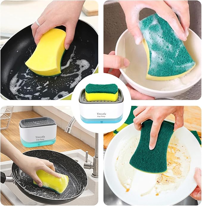 Dish Soap Dispenser with 6 Kitchen Sponges for Kitchen Sink,1 Foldable Silicone Funnel,1 Dishwashing Liquid Dispenser for Kitchen -2-in-1 Soap Dispenser with Sponge Holder