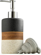 Dish Soap Dispenser Set with Silicone Funnel, Hand Soap, Shampoo, Body Wash, Ceramic Liquid Soap Dispenser for Kitchen and Bathroom Countertops, Stainless Steel Pump, Non Slip, 12 Oz, Black