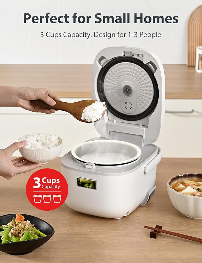 Toshiba Mini Rice Cooker, 3 Cups Uncooked Small Rice Cooker, Steamer & Warmer, With Fuzzy Logic And One-Touch Cooking, 24 Hour Delay Timer And Auto Keep Warm Feature, White