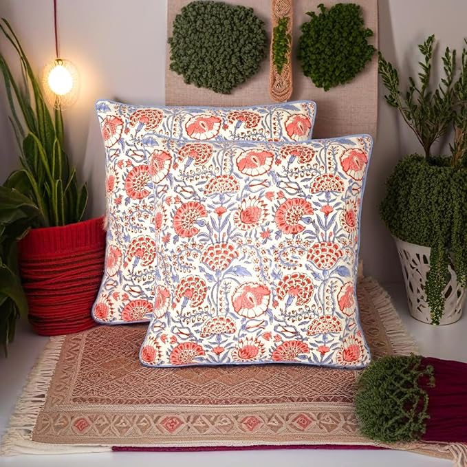 Ridhi Hand Block Print 20X20 Flamingo Pink Decorative Outdoor Couch Throw Canvas Pillow Cover Set of 2 Washable Modern Vintage Boho Chic Spring Home Decor Gifts Cover