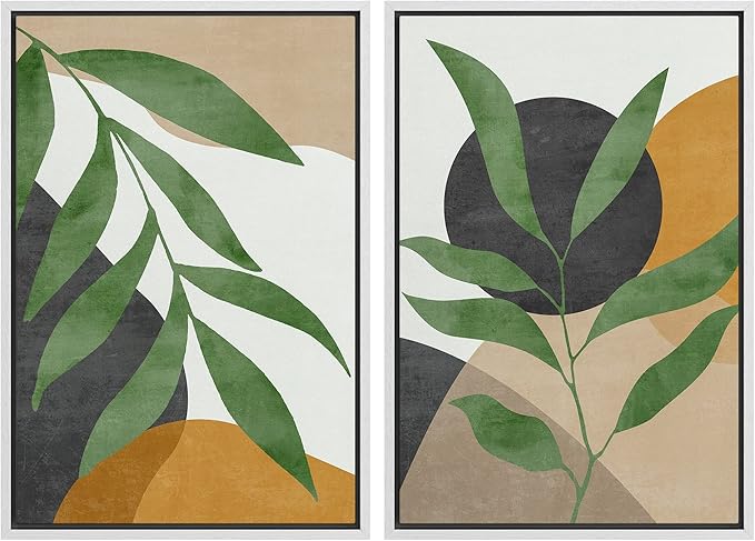SIGNFORD Framed Canvas Print Wall Art Set Geometric Mid-Century Plant Collage Abstract Shapes Illustration Modern Art Decorative Nordic Nature for Living Room, Bedroom, Office - 16"x24"x2 White