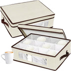 homyfort 2 Pack Mug Storage Box with Dividers, China Cup Storage Containers Organizer Hard Shell with Compartments for 24 Tea Cups and Coffee Mugs (Beige)