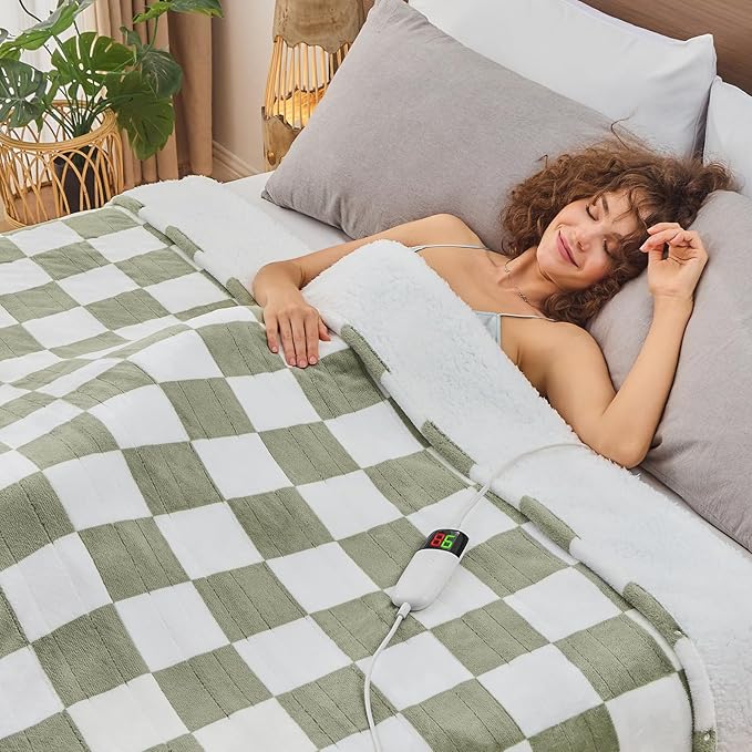 Sage Green Heated Throw Blanket Electric, 50X60 Heating Blanket with 10 Heat Levels & 8 Hours Auto Off for Lap, Checkered Plaid Soft Sherpa Blankets Warmer Gifts for Couch Grandma Women Adults, ETL