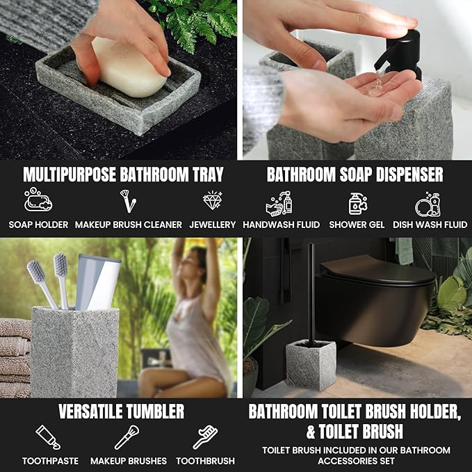 Bathroom Accessories Set - Soap Dispenser, Toothbrush Holder, Soap Dish, Toilet Brush & Toilet Brush Holder - Grey Stone Bathroom Accessories Set - Modern Bathroom Organizer Set (Black)