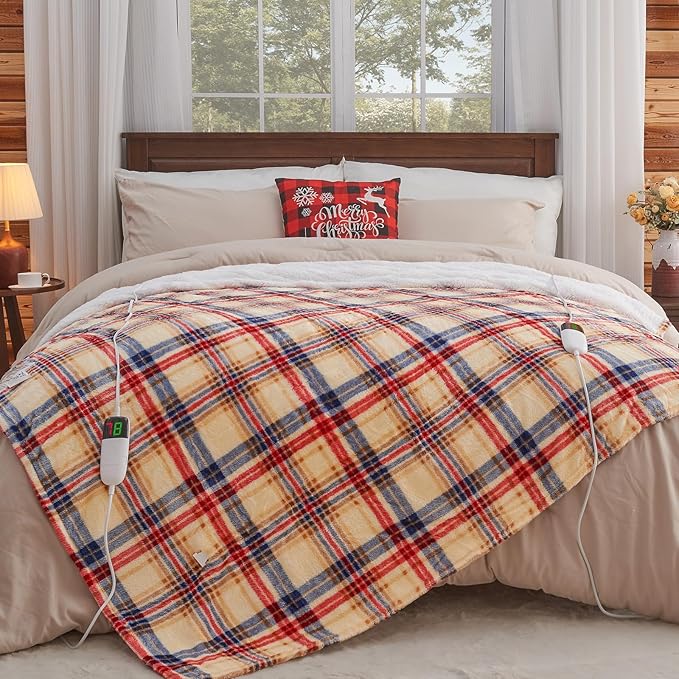 Heated Electric Blanket Queen Size, 84X90 Heating Blanket Queen with Dual Control&10 Heats Levels&Timer for Bed,Brown Plaid Sherpa Soft Blankets Warmer Gift for Grandma Women Adults, Washable,ETL