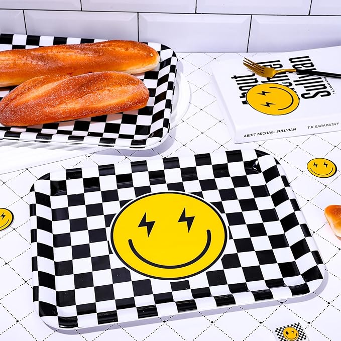 3Pcs One Happy Dude Serving Trays Reusable Smile Face Platter Black White Checkered Serving Dishes for First Birthday Party Sharing Snacks Fruit Dessert Candy, 13 x 10in