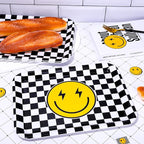 3Pcs One Happy Dude Serving Trays Reusable Smile Face Platter Black White Checkered Serving Dishes for First Birthday Party Sharing Snacks Fruit Dessert Candy, 13 x 10in