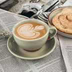 Mora Ceramic Latte Art Mug With Saucer - 10.5 oz, Round Bottom For Perfect Pours - Cafe Cups for Cappuccino, Espresso, Coffee, Tea etc - Porcelain Set for Baristas, Great Gift - Light Matcha