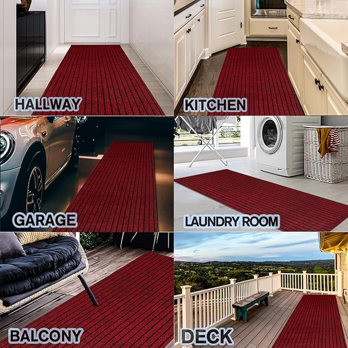 Custom Size Backed Non-Slip Area Rugs Runner, Easy Clean, Waterproof Runner Rugs for Hallway Entryway, Kitchen, Laundry, 3FT x 43FT, Red Stripe