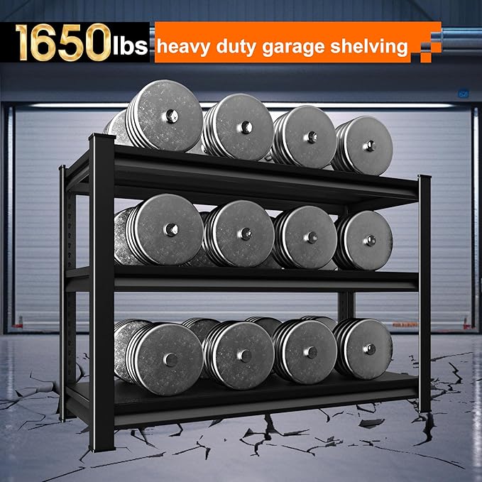 Garage Storage Shelves Heavy Duty, 48”W Shelving Units and Storage Rack, 1650LBS Loads Shelving Units, Adjustable 3-Tier Metal Shelves for Industrial Storage, 48”W×16”D×36”H,Black