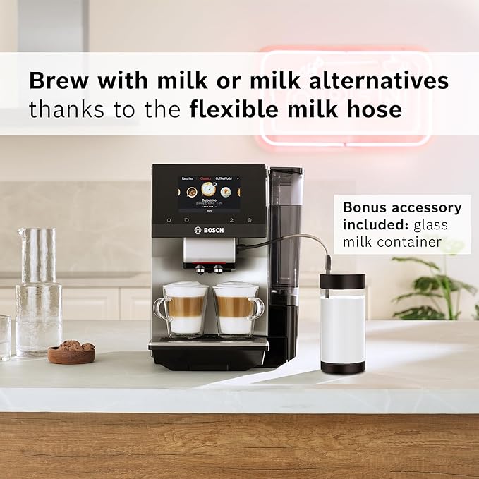 BOSCH 800 Series Fully Automatic Espresso and Coffee Machine – 36 Drinks with Coffee World, Cold Brew, Double Cup, Milk Hose, Glass Milk Container, in Metallic Silver TPU60501