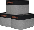 Storage Bins Large Fabric Storage Baskets for Shelves 3 Pack, Decorative Linen Closet Baskets with Handles for Organizing, Shelf, Clothes, Home, Office, 15x11x9.5Inches (Grey&Black)