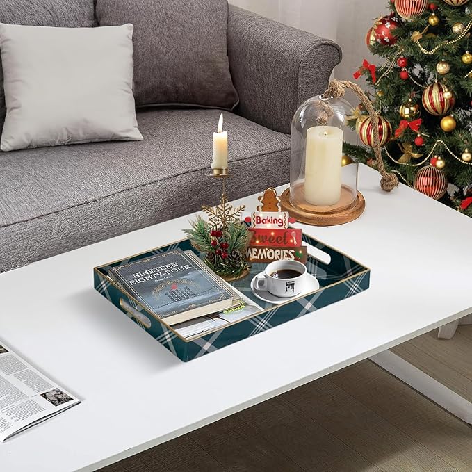 MAONAME Christmas Decorative Tray, Plastic Green Serving Tray with Handles, Modern Rectangular Christmas Trays, Coffee Table Trays for Living Room, Home Decor, 15.7" x 11.8" x 1.6"
