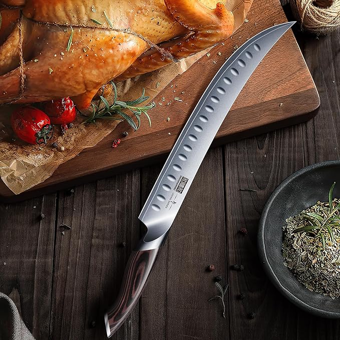 HOSHANHO Carving Slicing Knife, 10 Inch Japanese High Carbon Steel Brisket Knife with Ergonomic Pakkawood Handle, Razor Sharp Curved Butcher Breaking Knives for Meat Cutting