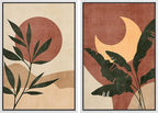 SIGNFORD Framed Canvas Print Wall Art Set Sun & Moon Mid-Century Desert Plants Abstract Shapes Illustration Modern Art Decorative Nordic Nature for Living Room, Bedroom, Office - 24"x36"x2 White