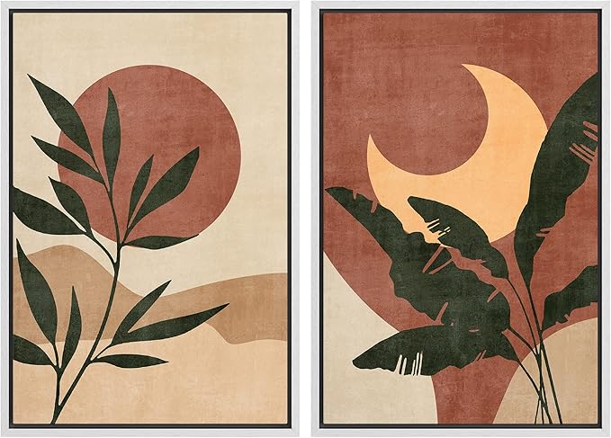 SIGNFORD Framed Canvas Print Wall Art Set Sun & Moon Mid-Century Desert Plants Abstract Shapes Illustration Modern Art Decorative Nordic Nature for Living Room, Bedroom, Office - 24"x36"x2 White