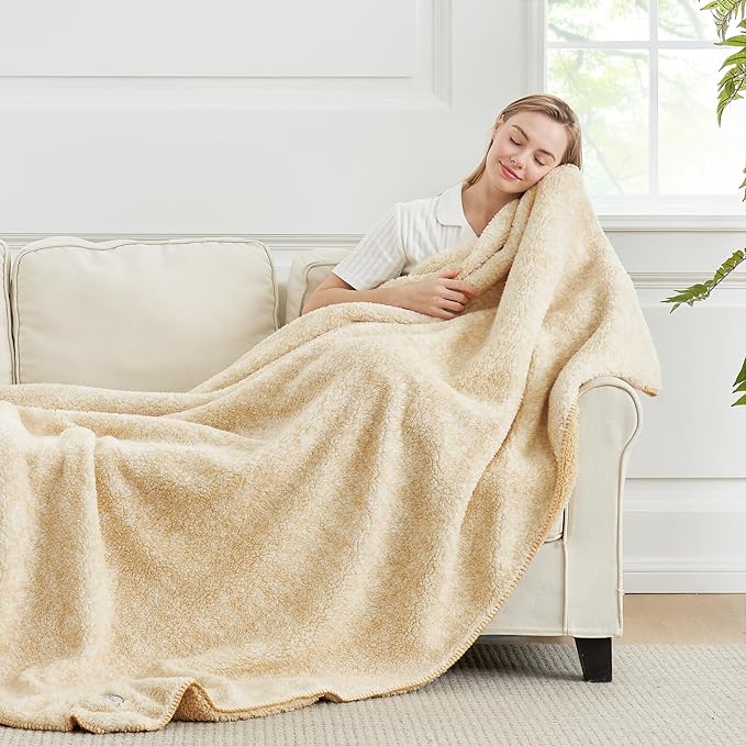 Cozy Bliss Luxury Sherpa Throw Blanket for Couch, Premium Reversible Plush Thick Throw, Warm Cozy Soft Blanket for Home and Gifts (Mottled Beige, 50" x 60")