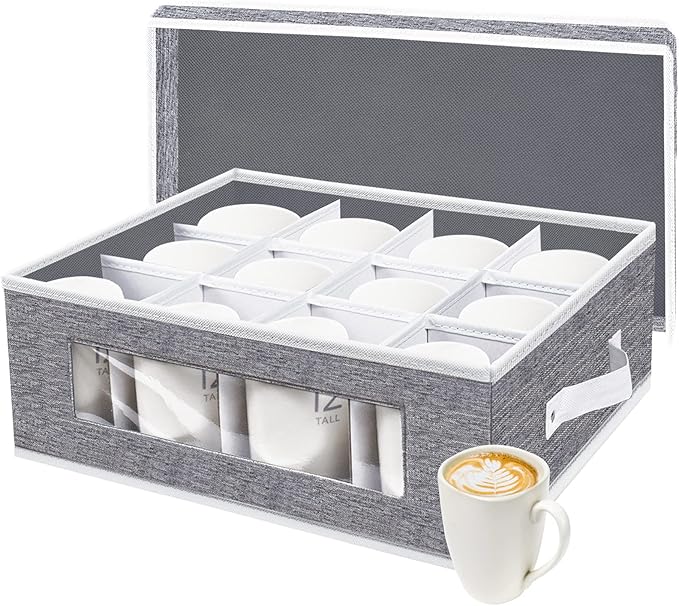 homyfort Mug Storage Box, China Storage Containers Organizer Hard Shell with Dividers for 12 Coffee Mugs, Tea Cup, Moving & Packing (Grey)