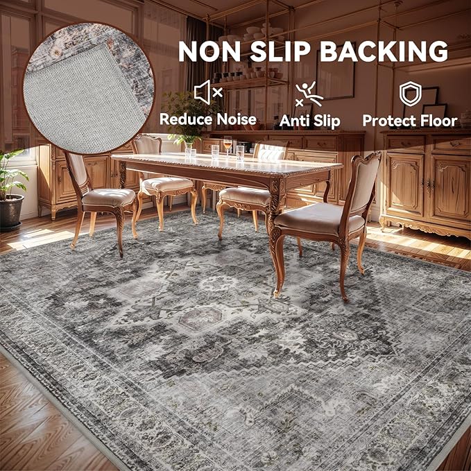 Washable Rugs for Living Room 8x10 Area Rug Soft Living Room Carpet-Rugs for Bedroom Vintage Oriental Floral Dining Room Non Slip Grey