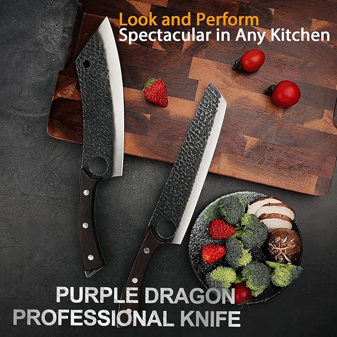 Purple Dragon Kitchen Knife 8 Inch Ultra Sharp Japanese Butcher Knife for Meat Cleaver Vegetable Cutting with Finger Hole Hand Forged High Carbon Steel Chef Knife Gifts for Father Dad