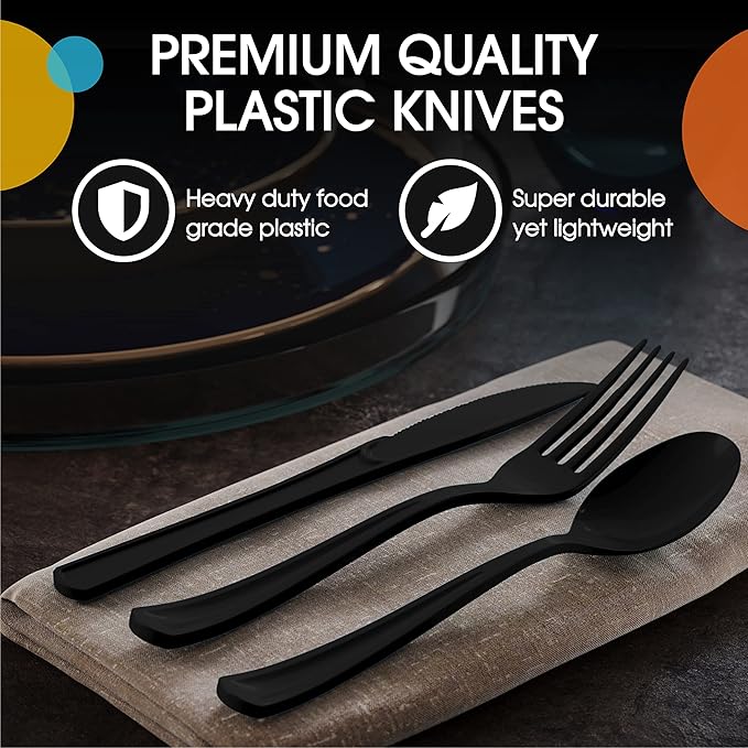 Party Solids Black Plastic Knives 200 Pcs Black Knives Disposable Utensils Heavy Duty Plastic Cutlery Set Disposable Cutlery Sets Flatware Sets Silverware Set Party Supplies & Party Tableware