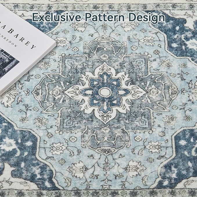 Topllen Runner Rug - 2'x10' Boho Washable Kitchen Rug, Non-Slip Soft Low Pile Rugs Indoor for Hallway Hall Living Room Bedroom Sunroom, Vintage Throw Stair Carpet Stain Resistance (Blue, 2x10ft)