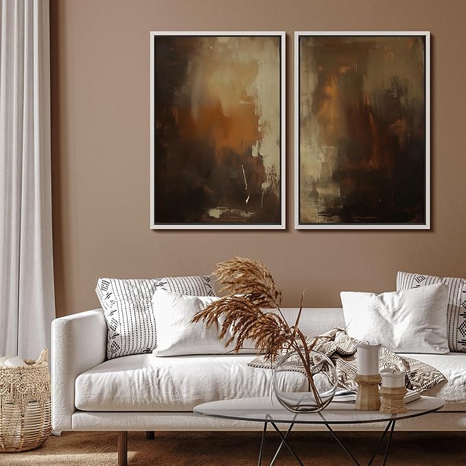 SIGNFORD Framed Canvas Print Wall Art Set Abstract Burnt Sienna and Beige Illustration Modern Art Decorative Nordic Nature for Living Room, Bedroom, Office - 16"x24"x2 White