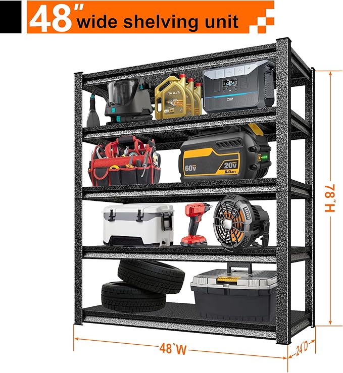 Garage Storage Shelves Heavy Duty, 48”W Garage Shelving and Storage Rack, 3000LBS Loads Shelving Units, Adjustable 5-Tier Metal Shelves for Garage, Warehouses, 48”W×24”D×78”H,Silver