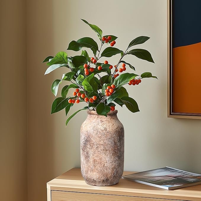 Rustic Terracotta Vase, Farmhouse Ceramic Vase, Decorative Clay Vintage Vases for Home Decor, Living Room,Table, Shelf Decor, 9 inch, Brown