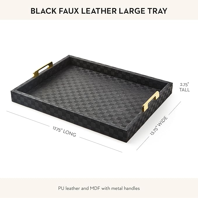 MACKENZIE-CHILDS Black Faux-Leather Tray with Handles, Rectangular Tray for Serving, Large
