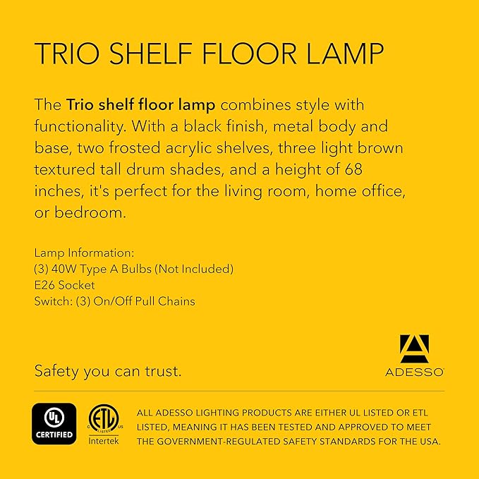 Adesso Trio Floor Lamp with Three Pull Chain Lights and Two-Tier Storage, Black Base, Brown Textured Fabric Shades, 68” Tall, Enhances Room Decor and Lighting