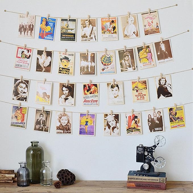 Photo Hanging Display with 50 Photo Clips, String Hanging Pictures Decor Wall Display, Clip Photo Holders for Hanging Kids Artwork On Wall Decor Home