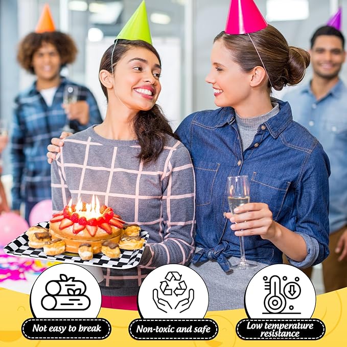 3Pcs One Happy Dude Serving Trays Reusable Smile Face Platter Black White Checkered Serving Dishes for First Birthday Party Sharing Snacks Fruit Dessert Candy, 13 x 10in