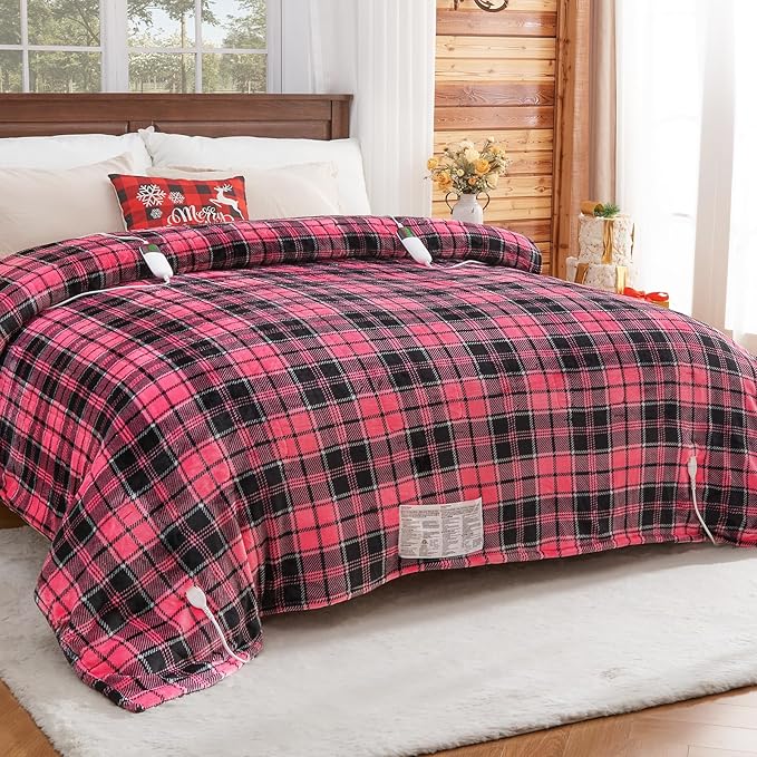 Pink Heated Blanket Electric, Queen Size 84X90, 10 Heat Levels/8 Hours Auto Off/Dual Control for Bed, Blue Plaid Checkered Sherpa Blanket Warmer for Adult, Washable Gift, ETL