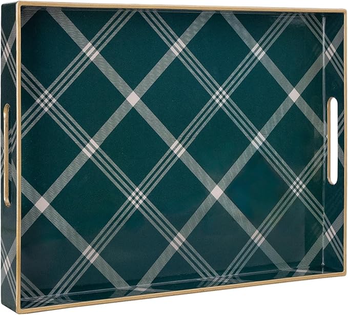 MAONAME Christmas Decorative Tray, Plastic Green Serving Tray with Handles, Modern Rectangular Christmas Trays, Coffee Table Trays for Living Room, Home Decor, 15.7" x 11.8" x 1.6"
