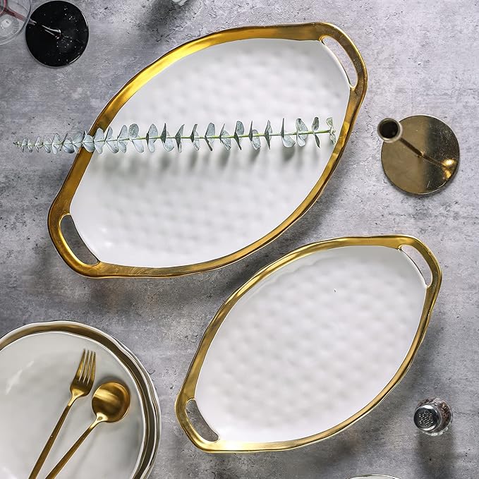 Stone Lain Florian Porcelain Large and Medium Oval Platters with Handle, Service Set, White with Gold Rim