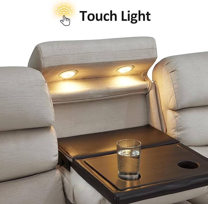 MCombo Wall Hugger Recliner Sofa with Drop Down Table, Power Reclining Sofa with Adjustable Headrest, USB A&C Charge Ports, Reading Lamp, Cup Holders, for Living Room, RVs (Fabric, ST258M3, Beige)