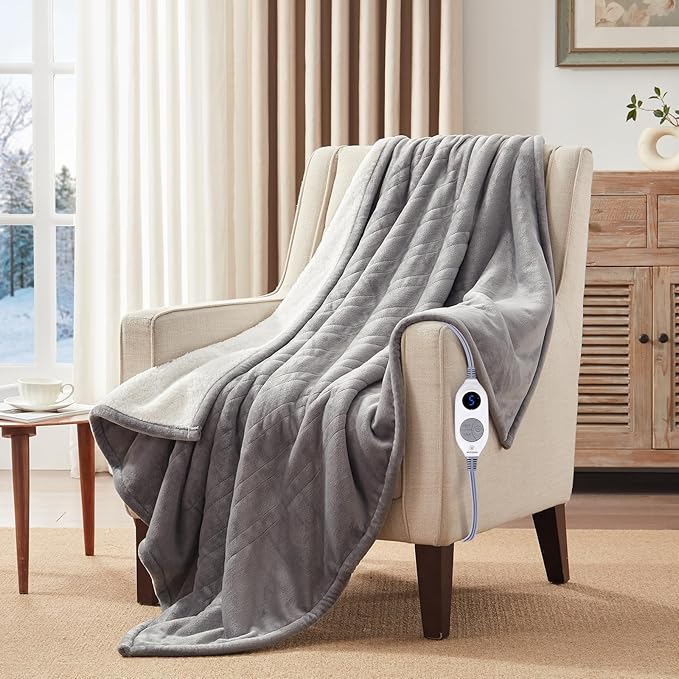 Westinghouse Heated Throw Blanket, Soft Flannel to Sherpa Electric Throw with 6 Heating Levels, 2-10 Hours Time Settings, Fast Heating, Machine Washable 50x60 Inch, Light Grey