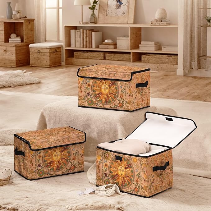Stackable Clothes Storage Bins with Lids,Closet Organizers Fabric Box for Home and Office,Blanket Clothes Organizers,Under Bed Storage Containers 3 Pack(Sun).
