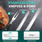 HAUSHOF Cordless Electric Knife Set for Meat Slicing, 8V Electric Carving Knife for Fish, Bread, Turkey, Rechargeable Meat Cutter with Reciprocating Stainless Steel Blades, Safety Lock & Storage Case