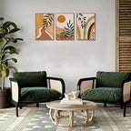 Bwodke Boho Wall Art, Framed Abstract Sun Wall Art, Botanical Canvas Wall Decor, Mid Century Line Leaf Geometric Pictures Set of 3, Minimalist Paintings, for Bedroom Living Room Bathroom 16"x24"