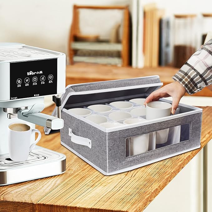 homyfort Mug Storage Box, China Storage Containers Organizer Hard Shell with Dividers for 12 Coffee Mugs, Tea Cup, Moving & Packing (Grey)