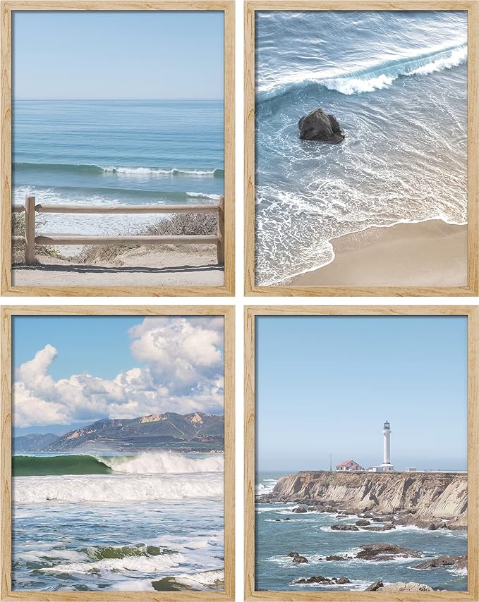 SIGNWIN Poster Bathroom Decor, Wall Art Room Decor Multicolor for Living Room, Bedroom, Office White Aerial View Blue Ocean Wave Beach Shore Nature Wilderness Realism Decorative Landscape - 12"x16"x4